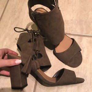 Olive Green Lace Up Block Heel Sandal Suede Shoes