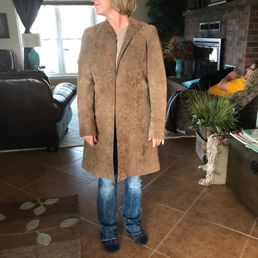 Washable suede tan mid length jacket SZ M