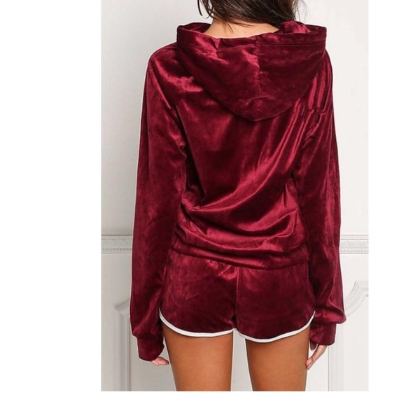 ‘Maya’ Burgundy velvet tracksuit shorts and hoodie - Picture 3 of 3
