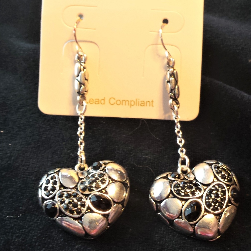 Silver Tone Heart Dangle Earrings Black Rhinestone