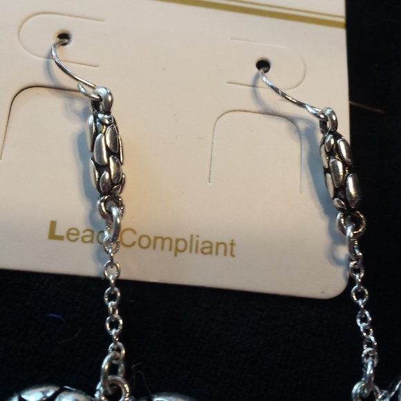 Silver Tone Heart Dangle Earrings Black Rhinestone - Picture 4 of 5