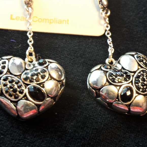 Silver Tone Heart Dangle Earrings Black Rhinestone - Picture 3 of 5