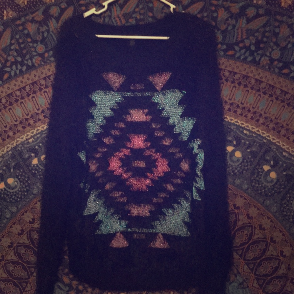 Aztec, fuzzy, black sweater