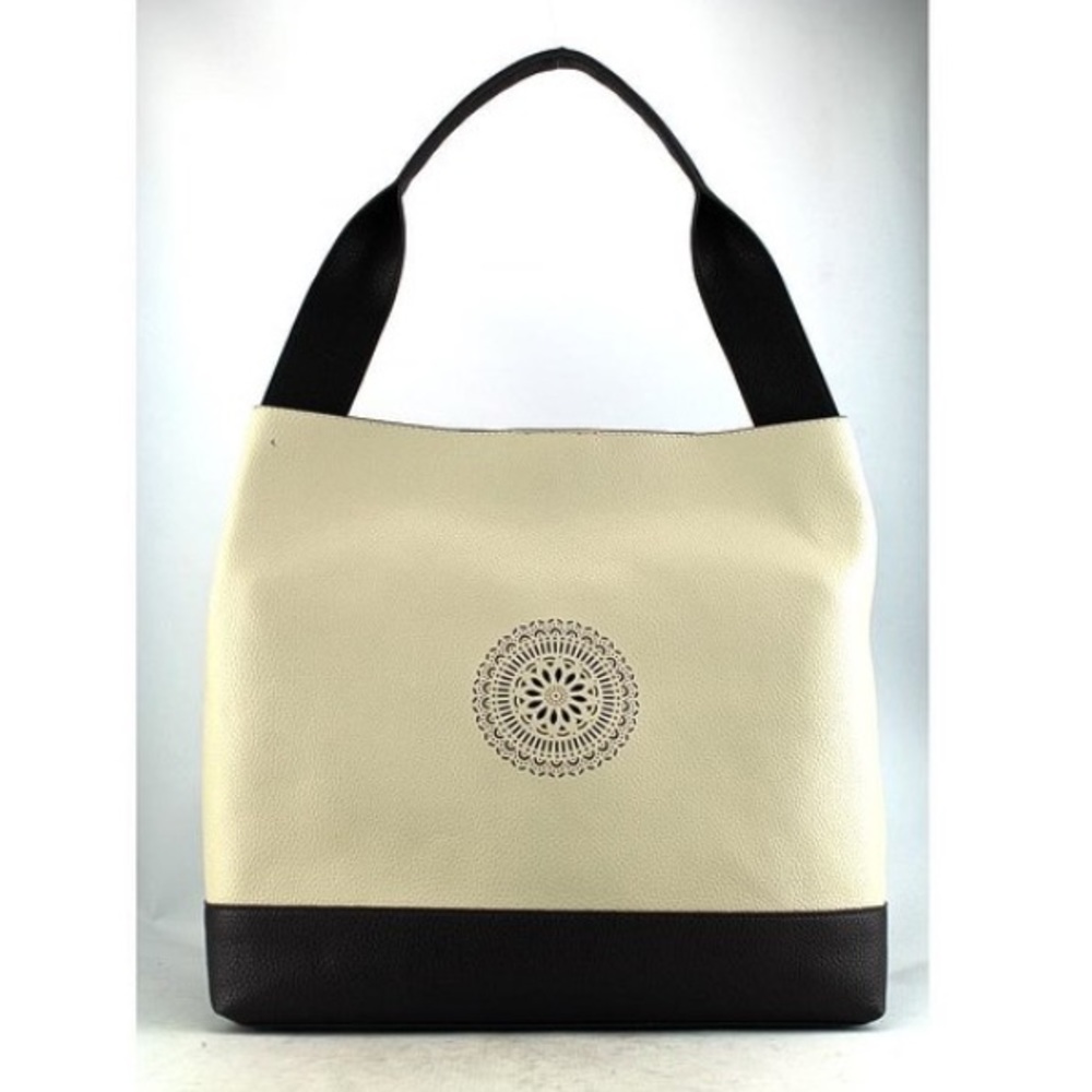 BUCO cream and black pinwheel leather hobo bag