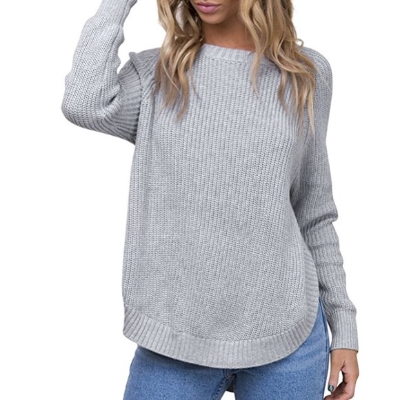 Side Slit High Low Chunky Knit Sweater Top Grey - Picture 4 of 8