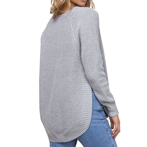 Side Slit High Low Chunky Knit Sweater Top Grey - Picture 5 of 8