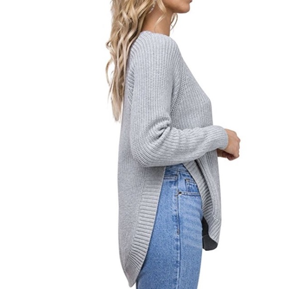 Side Slit High Low Chunky Knit Sweater Top Grey - Picture 6 of 8