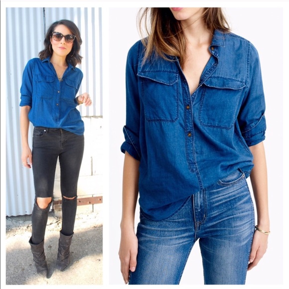 SOLD!  J. Crew Indigo Gauze Chambray Popover Top - Picture 2 of 5