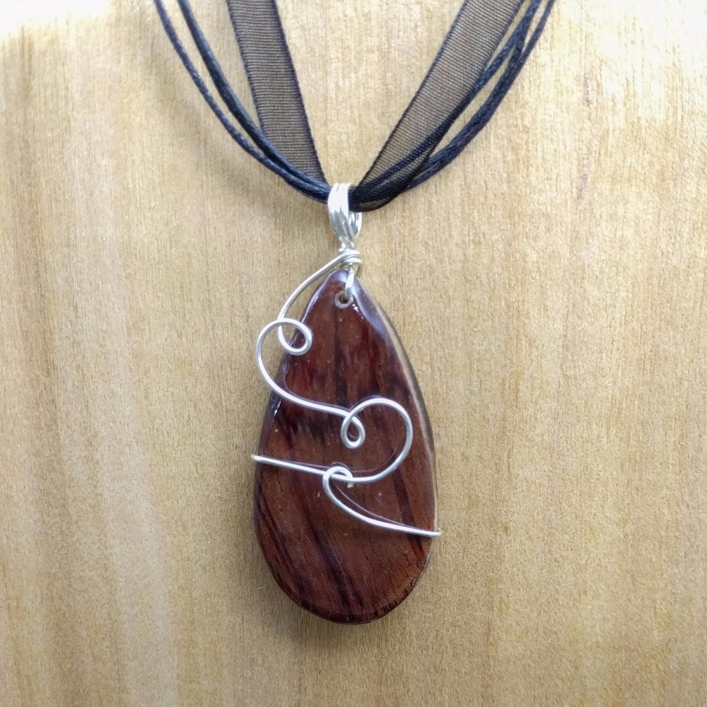 Wood and resin wirewrapped pendant