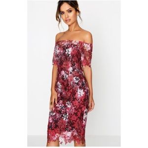 🐙Paper dolls Wine Bardot Floral Midi Lace Dress