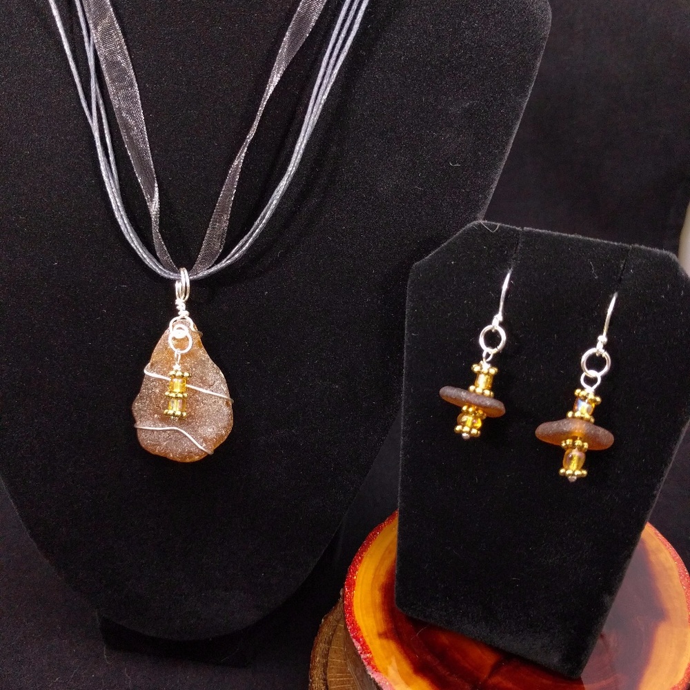 Sea glass necklace and earring set