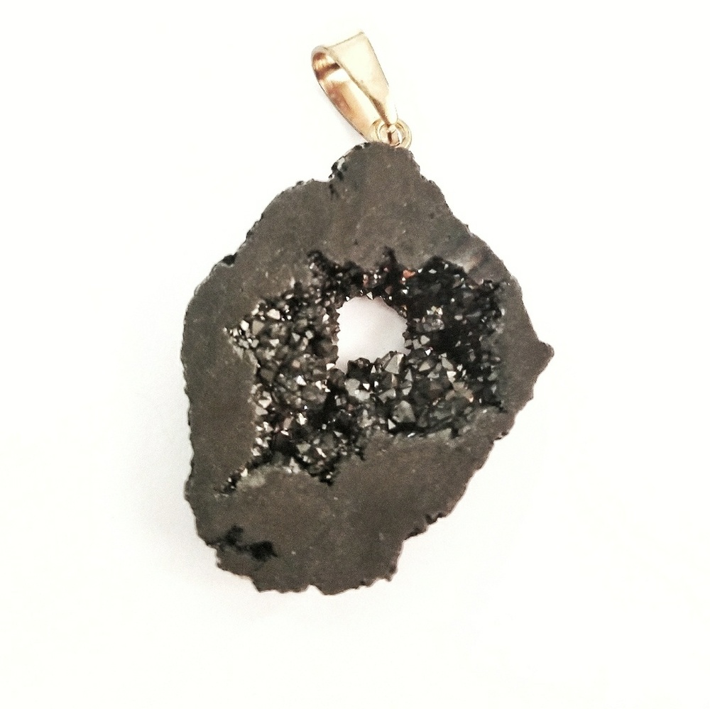 Black Druzy Quartz Pendant New Without Tags