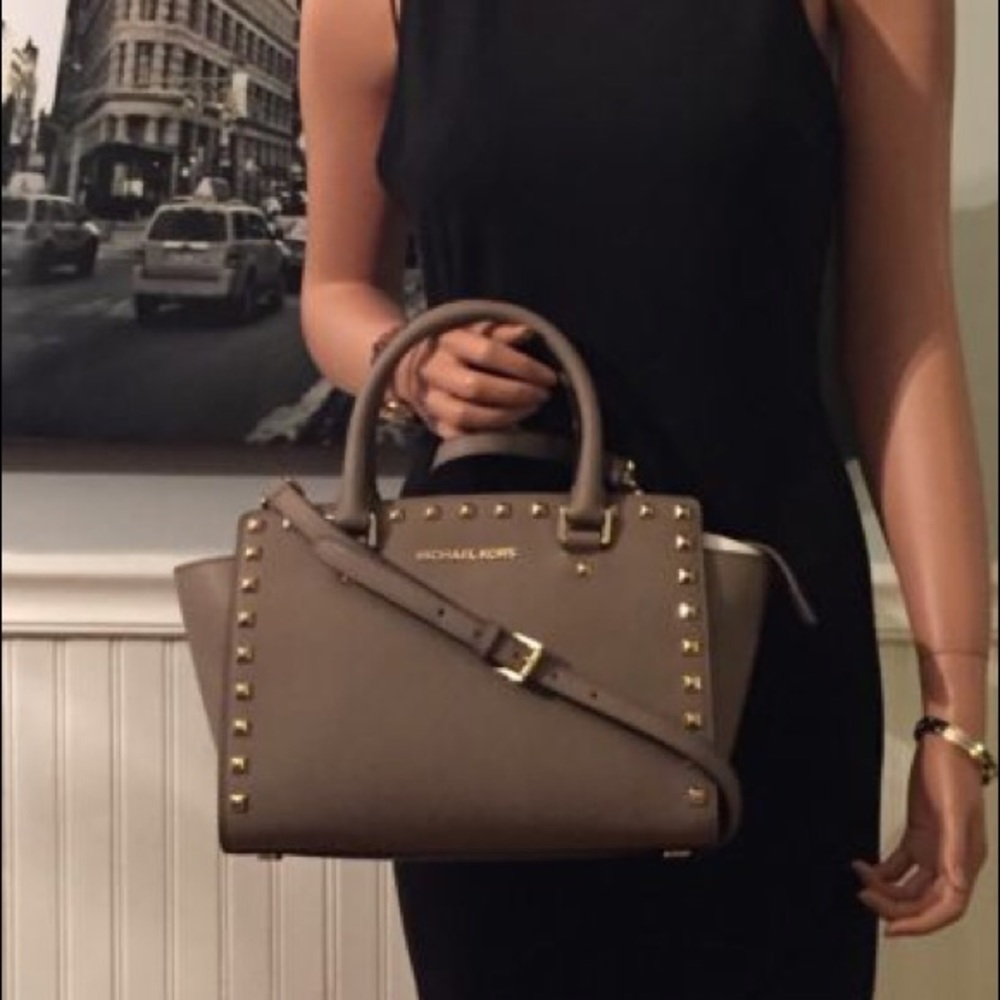 Studded Medium Dark Dune Michael Kors Selma Purse