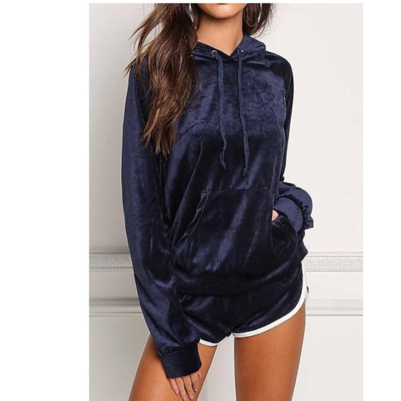 ‘Maya’ Blue velvet two piece shorts and hoodie - Picture 2 of 3