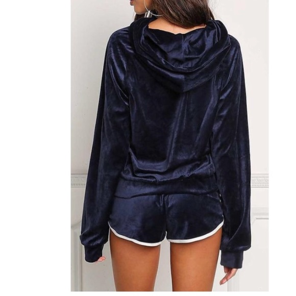 ‘Maya’ Blue velvet two piece shorts and hoodie - Picture 3 of 3