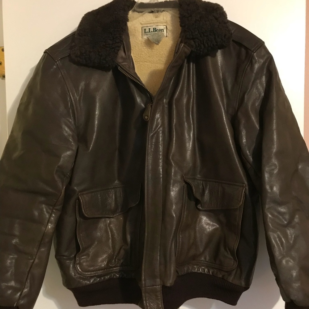 Men’s brown leather LL Bean bomber jacket