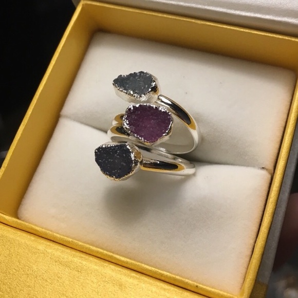 Silver Plated Druzy Crystal Ring - Picture 2 of 4