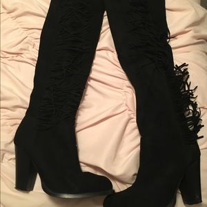 Black Fringe Thigh High Boots