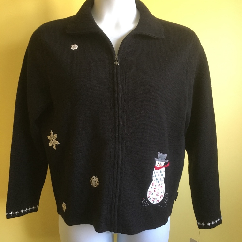 WOOLRICH Black Zip Up Snowman Sweater NWT New Sz L
