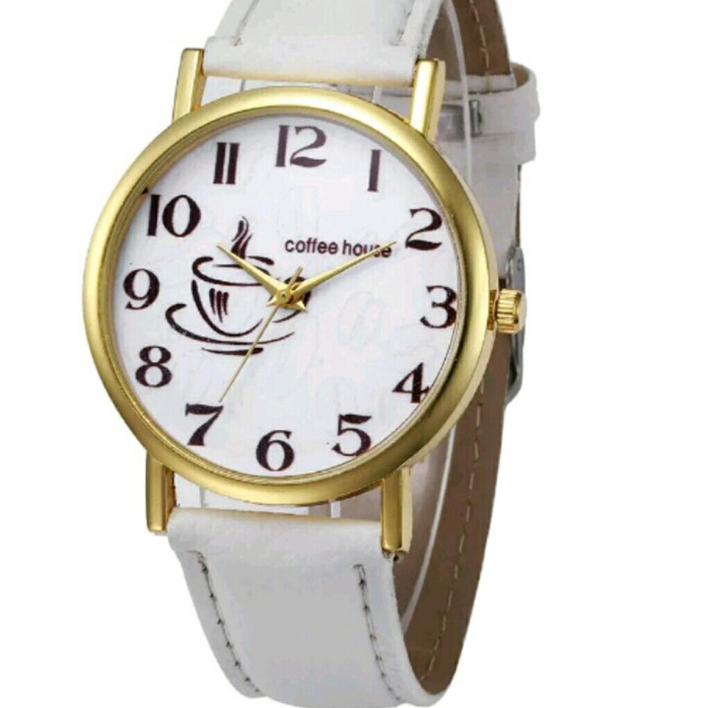 White Coffee house watch. White faux leather band