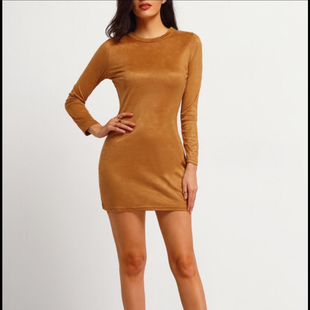 Brown Neck Suede Bodycon Dress