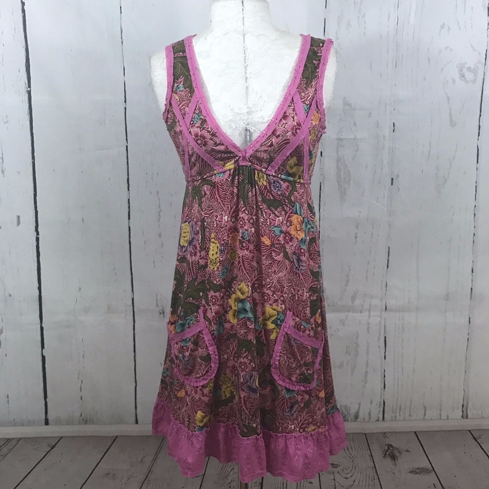 Free People Pink Floral V Neck Dress Pockets