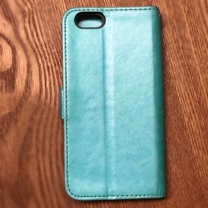 This is an aqua, faux leather wallet case