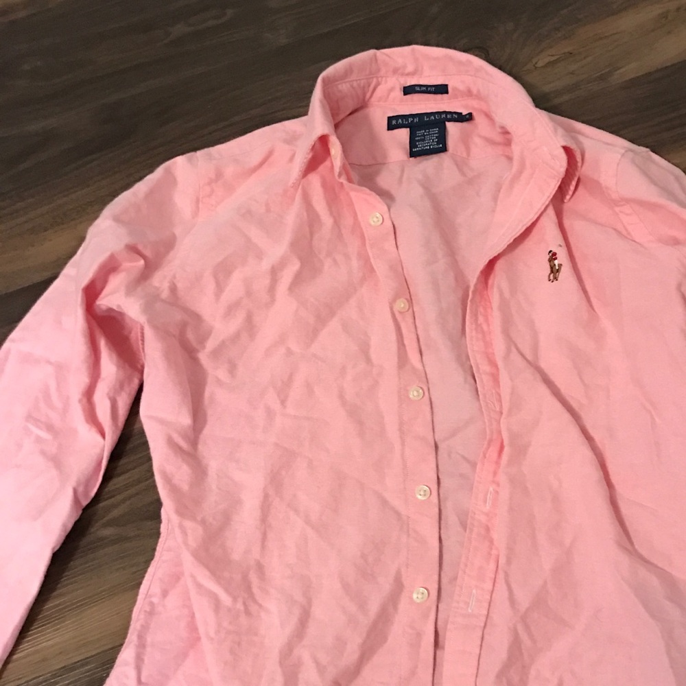 Pink slim fit size 6 adult women's polo button up