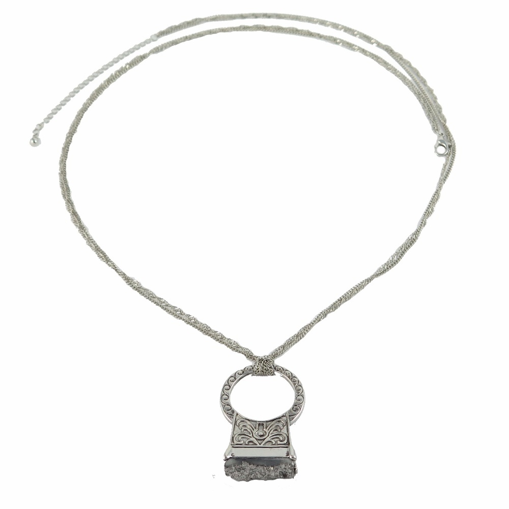 NEW Iron Druzy Necklace Silver Tone Engraved Long