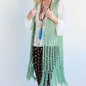 OS Mint Crochet Fringe Boho Long Vest