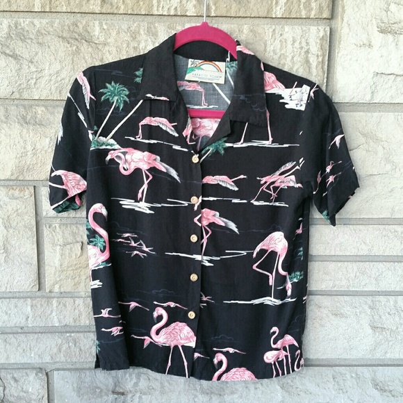 Vintage Tops - Vintage Pink Flamingo Hawaiian Top