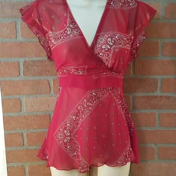 Rave Tops - Rave Sz L Red Bandana semi sheer Top Tie Back