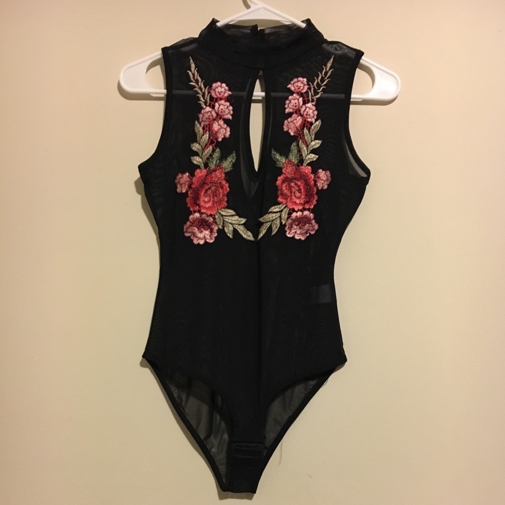 Flower embroided sheer body suit