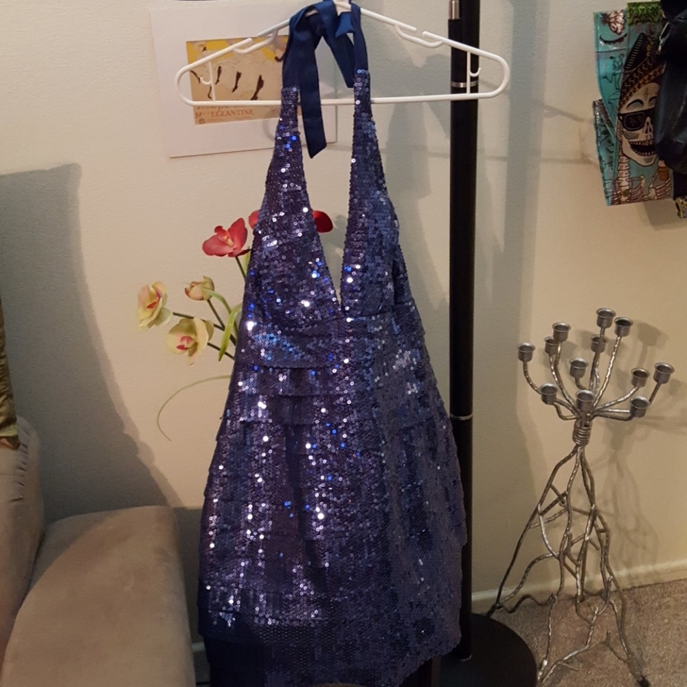 Blue sequin halter party dress