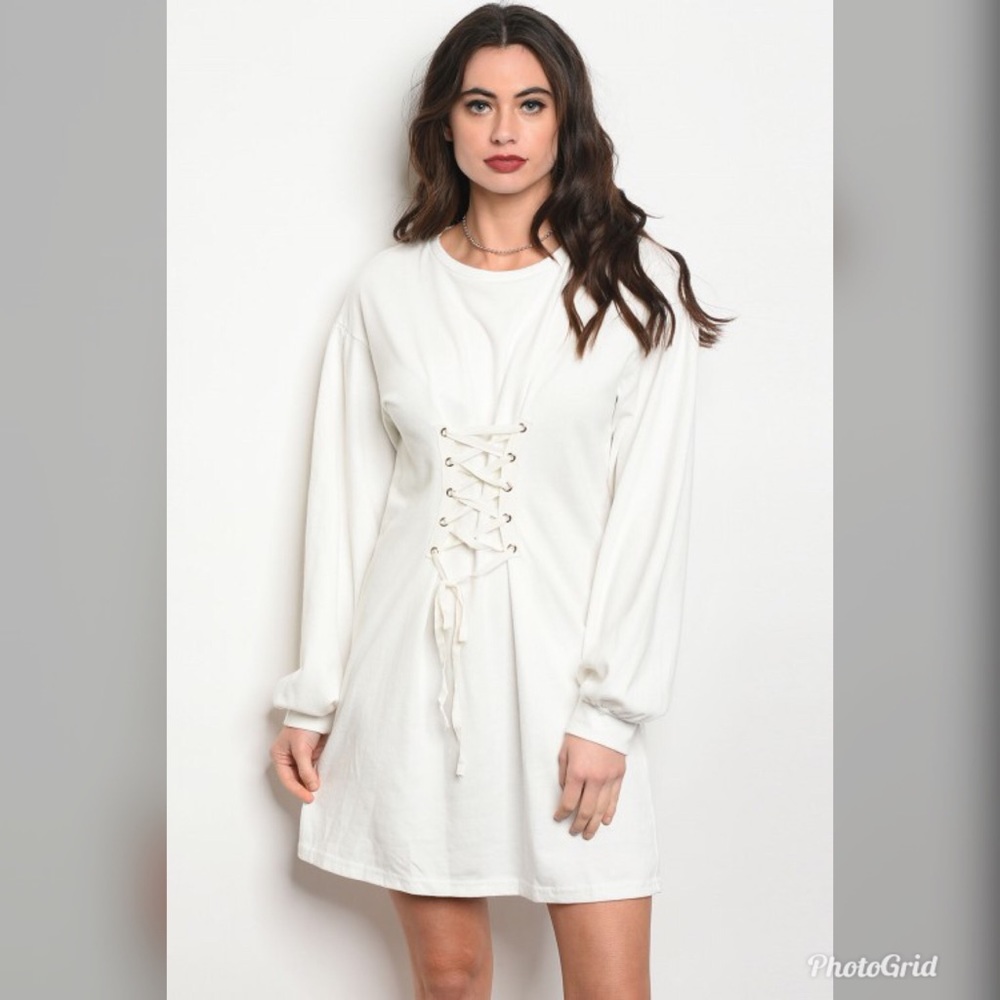 New Clinched waist Front lace up knit dress
