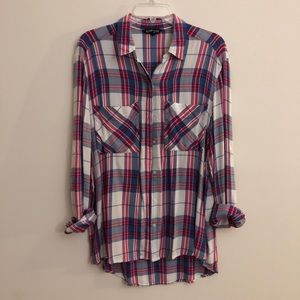 Express plaid button up top.