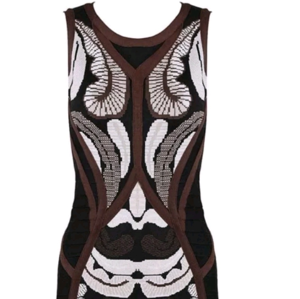 Brown White Black Bandage Filigree Sheath Dress