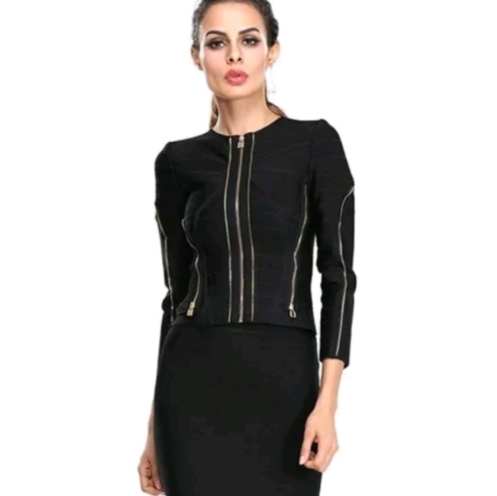 sz L  8-10 NWOT Bandage Black Gold Zipper Jacket