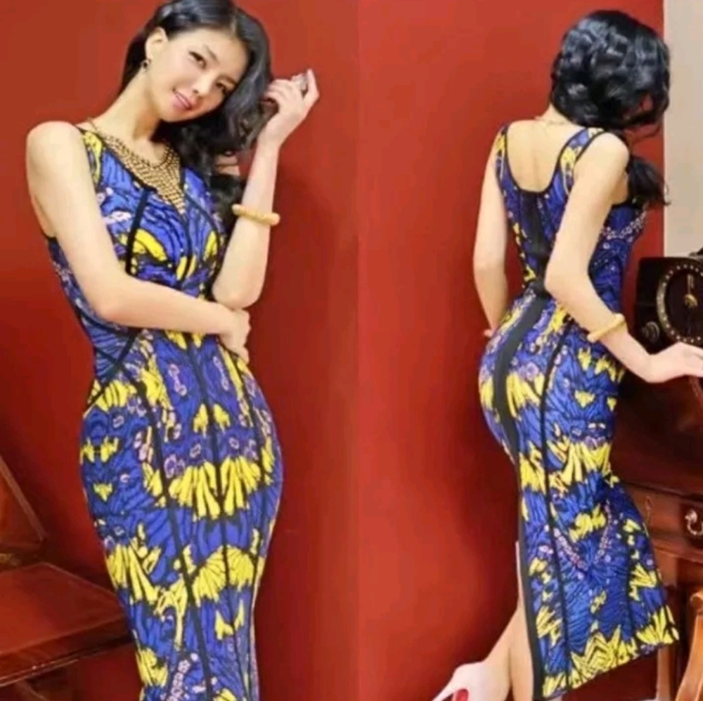 Blue Yellow Butterfly Thick Bandage Maxi Dress