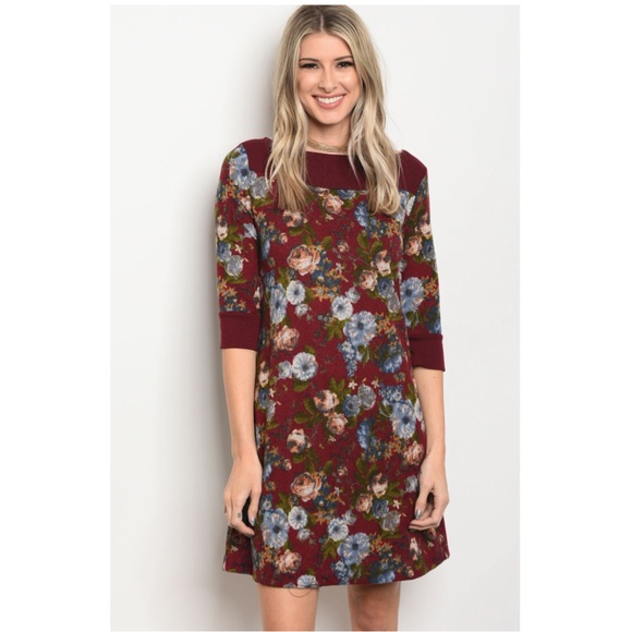 Gilli Teal//Burgundy 3//4 Bell Sleeve Dress