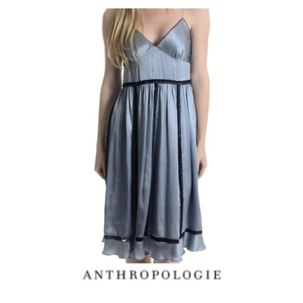 Anthropologie Blue Silk Black Lace Trim Slip Dress