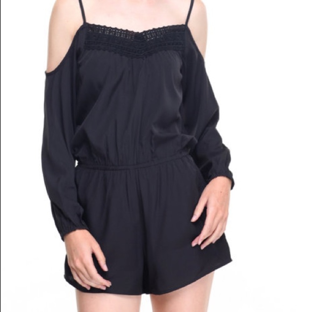 Black Cold Shoulder Crochet Front Romper