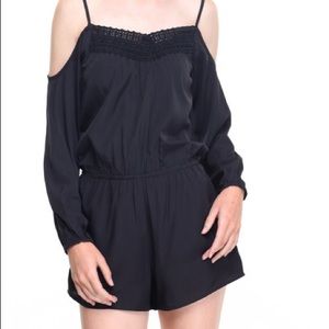 Black Cold Shoulder Crochet Front Romper