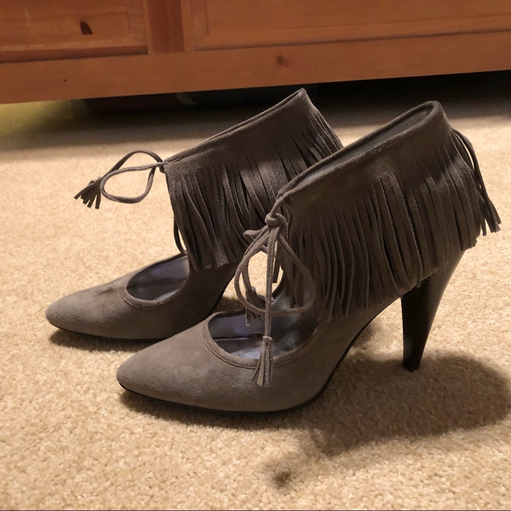 Calvin Klein grey suede fringe heels