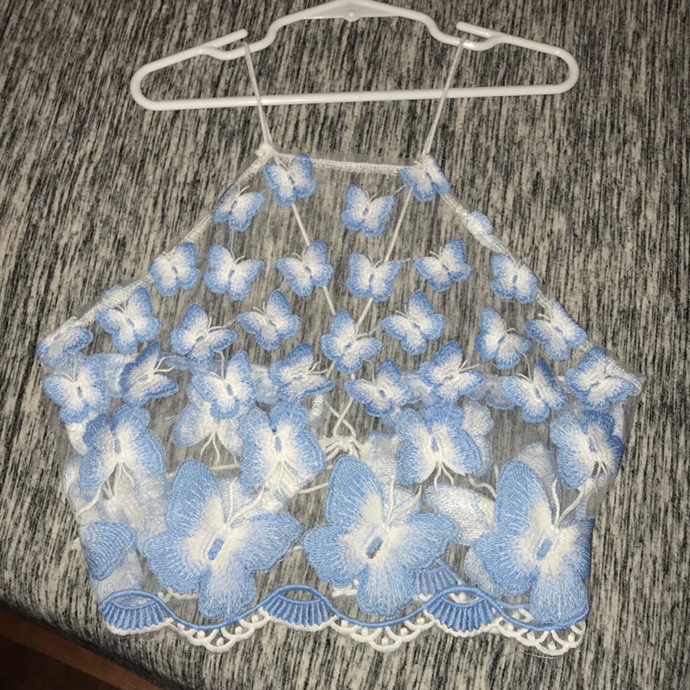 Sheer Butterfly Embroidered Halter Top