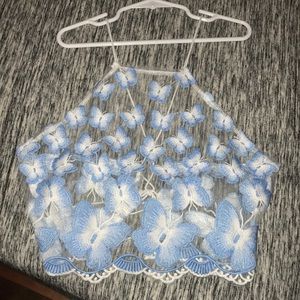 Sheer Butterfly Embroidered Halter Top