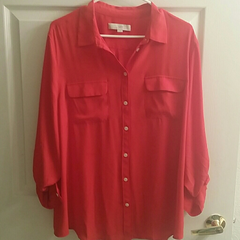 LOFT Red Orange Buttoned Blouse Sz XL