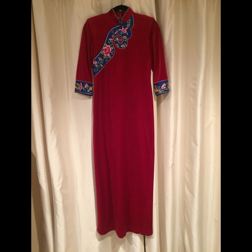 Chinese red velvet gown. Hand embroidered