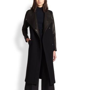Wool coat with leather sleeve and collar