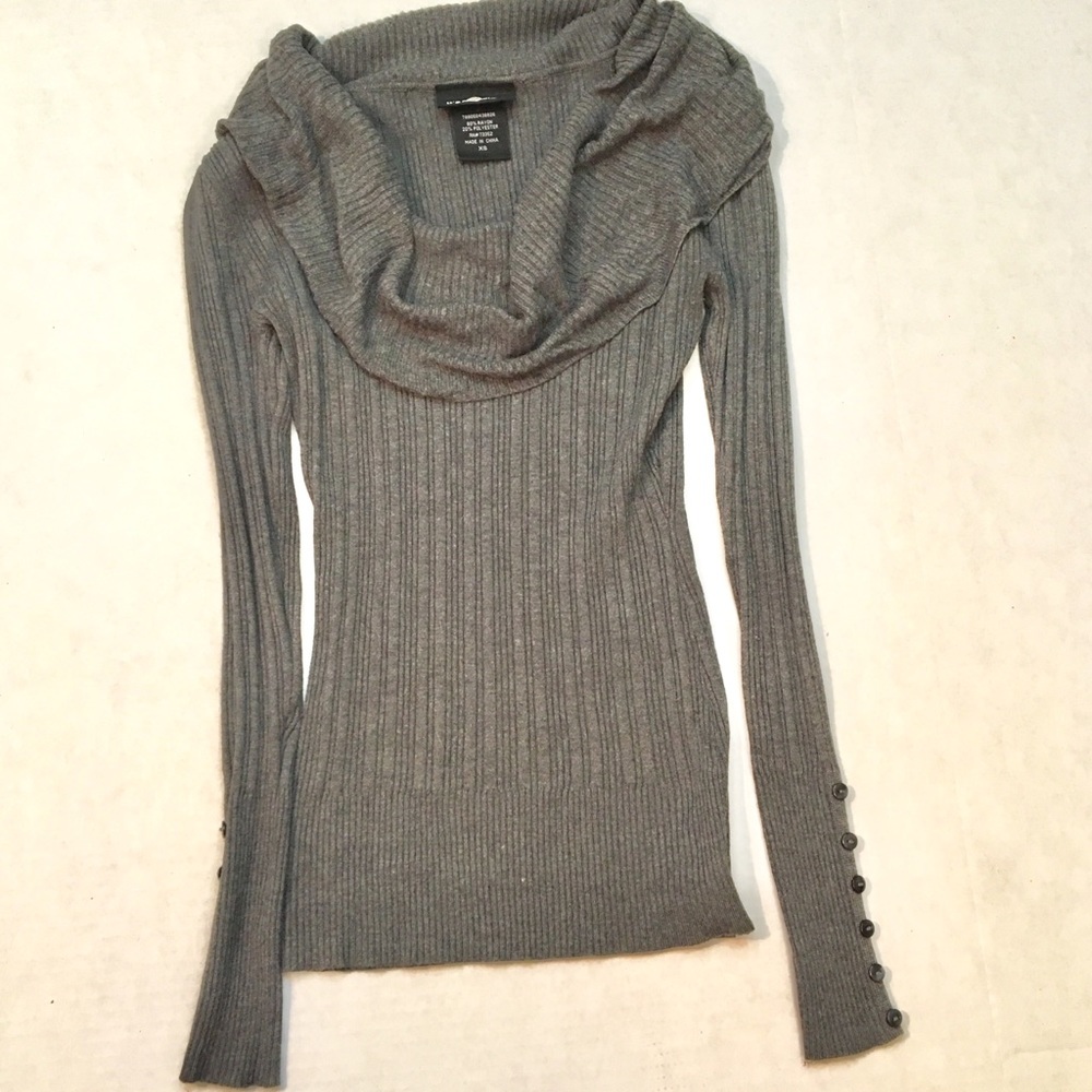 Cowl Neck Sweater Grey Ribbed Size X Small